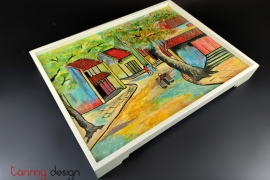 Cream rectangular lacquer tray hand-painted with Hanoi painting 28*45cm